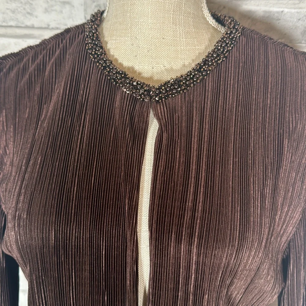 Cachet Brown Accordion Pleated Silky Blouse Cardigan